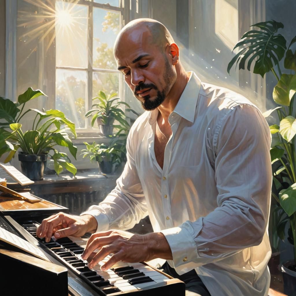 Sunlit Piano Player with Glowing Music