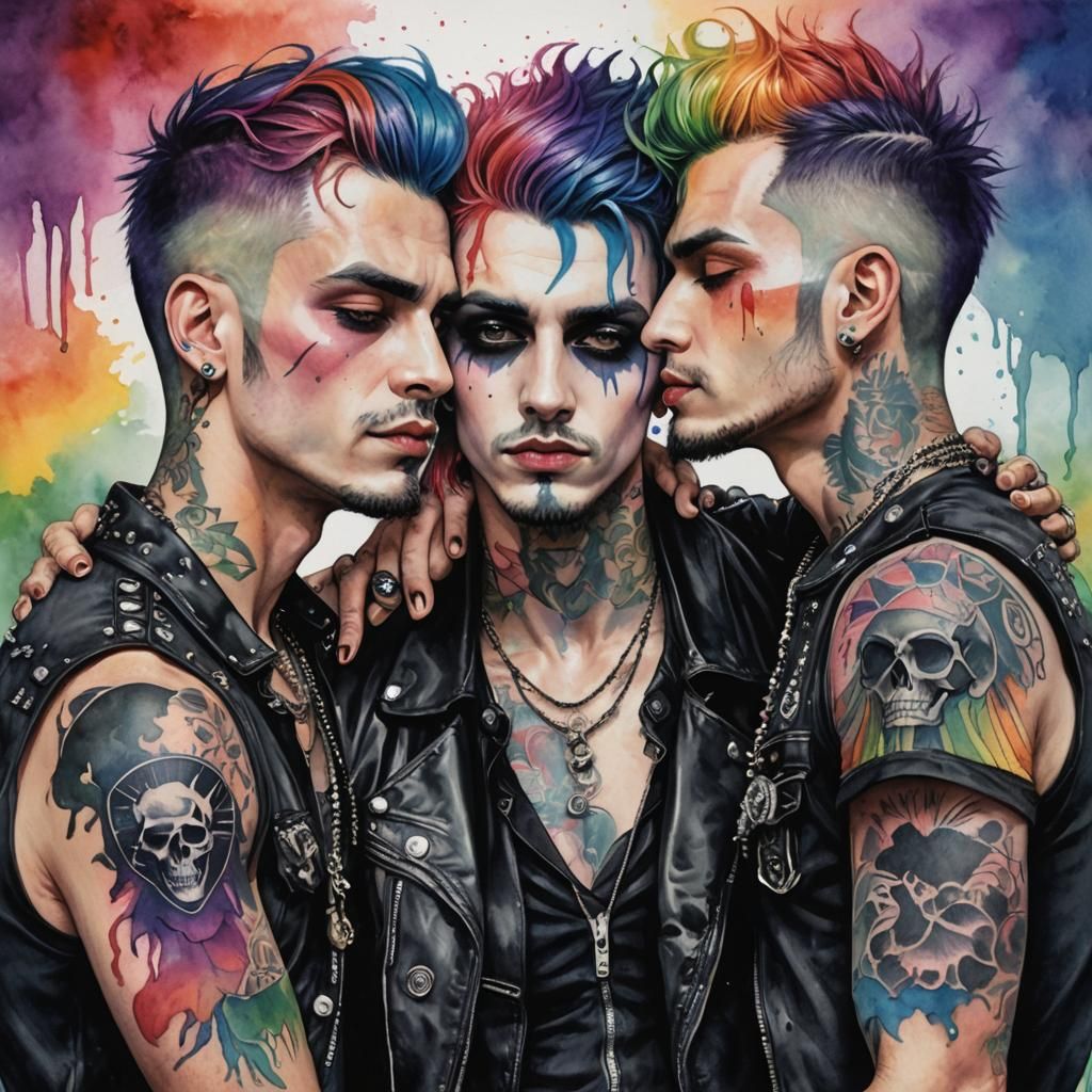 Vivid Watercolor of Gay Goth Trio