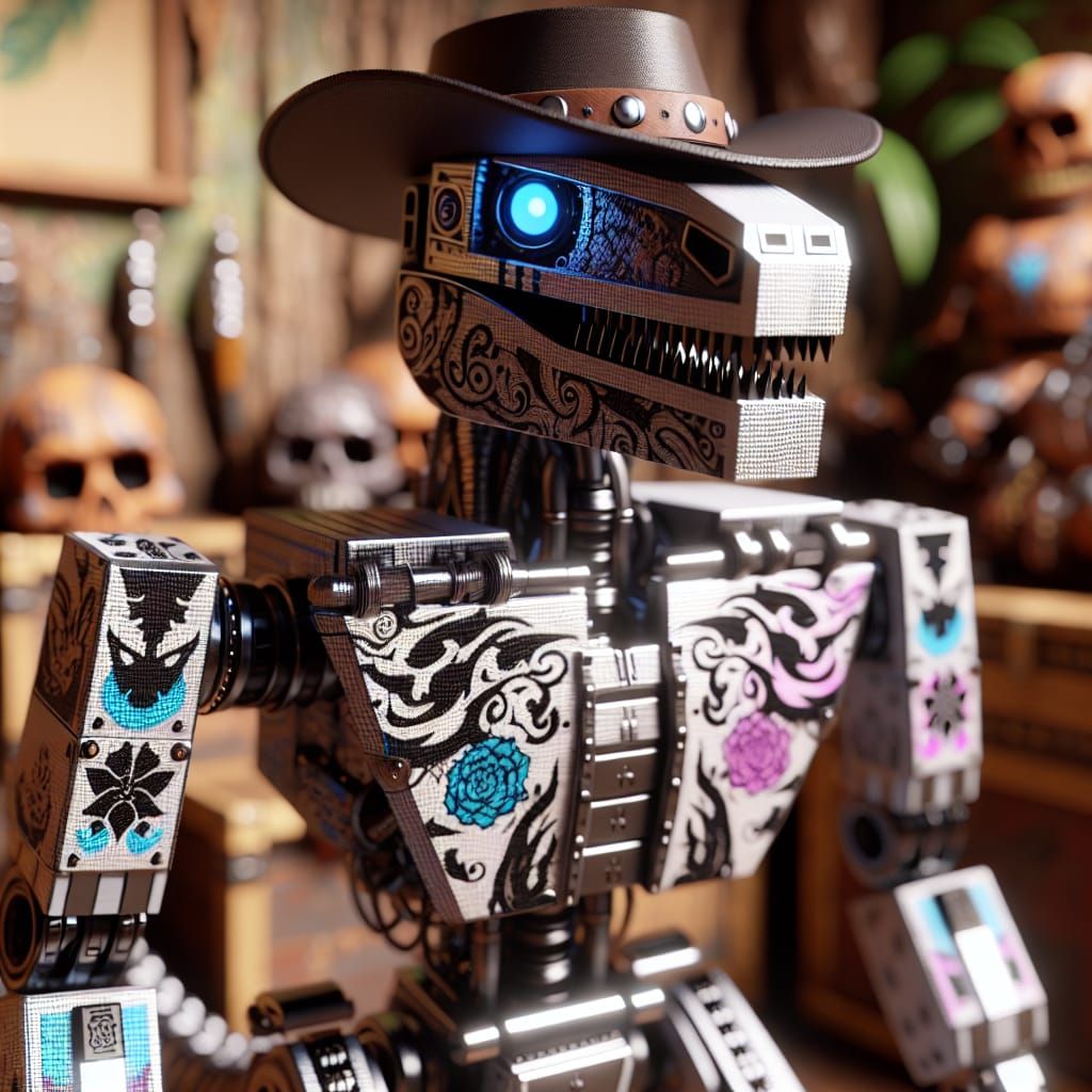 Mechanical T-Rex Robot with Voodoo Tattoos in 8K