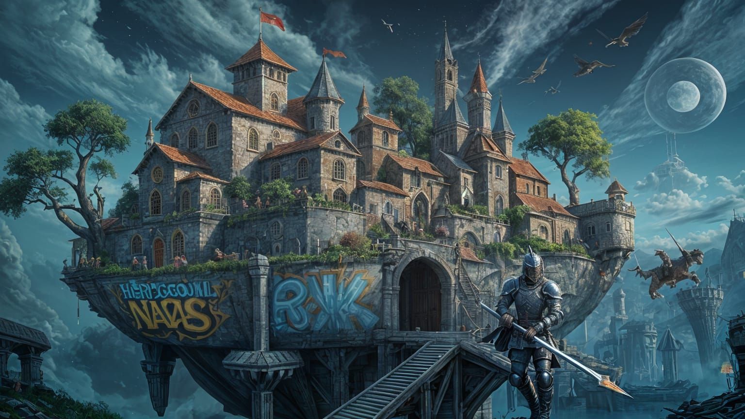 Medieval Village on Floating Island Tagged with Graffiti