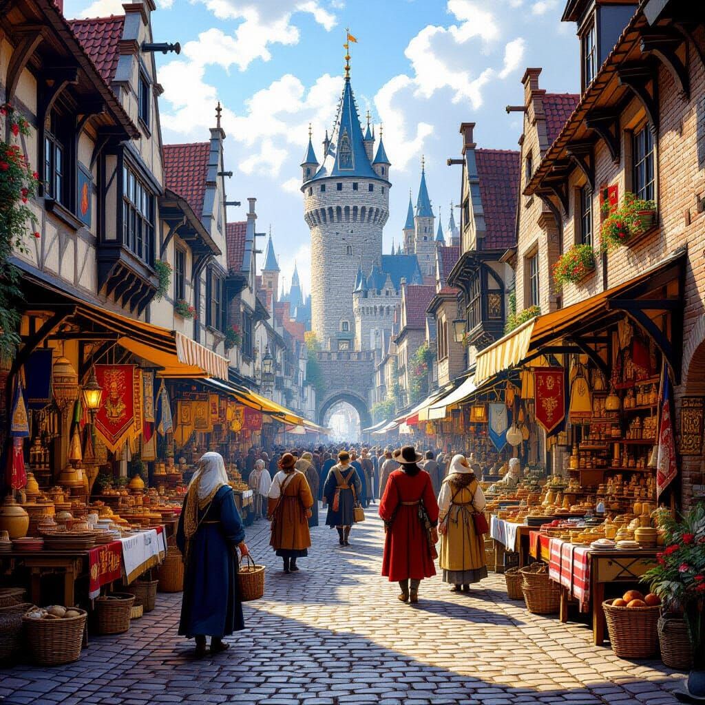 Bustling Medieval Marketplace at Dawn: Golden Age