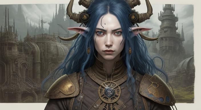 Sword and sorcery, Heavy Metal, Dark Fantasy, The Lord of the Rings series. Lunar punk, blue-leaved plants, flowers, peo...