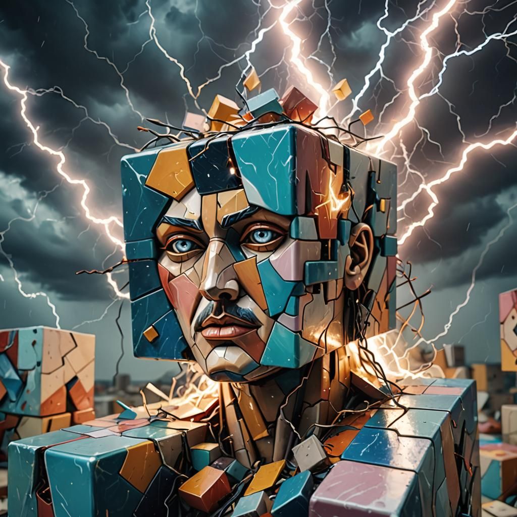 Surreal Cubist Figure Hit by Lightning