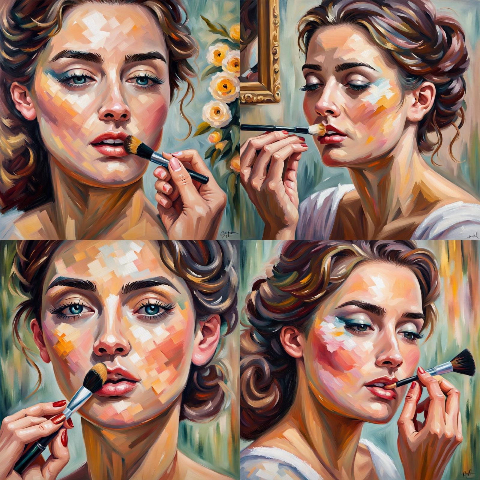 Impressionist Oil Painting: Woman Applying Makeup