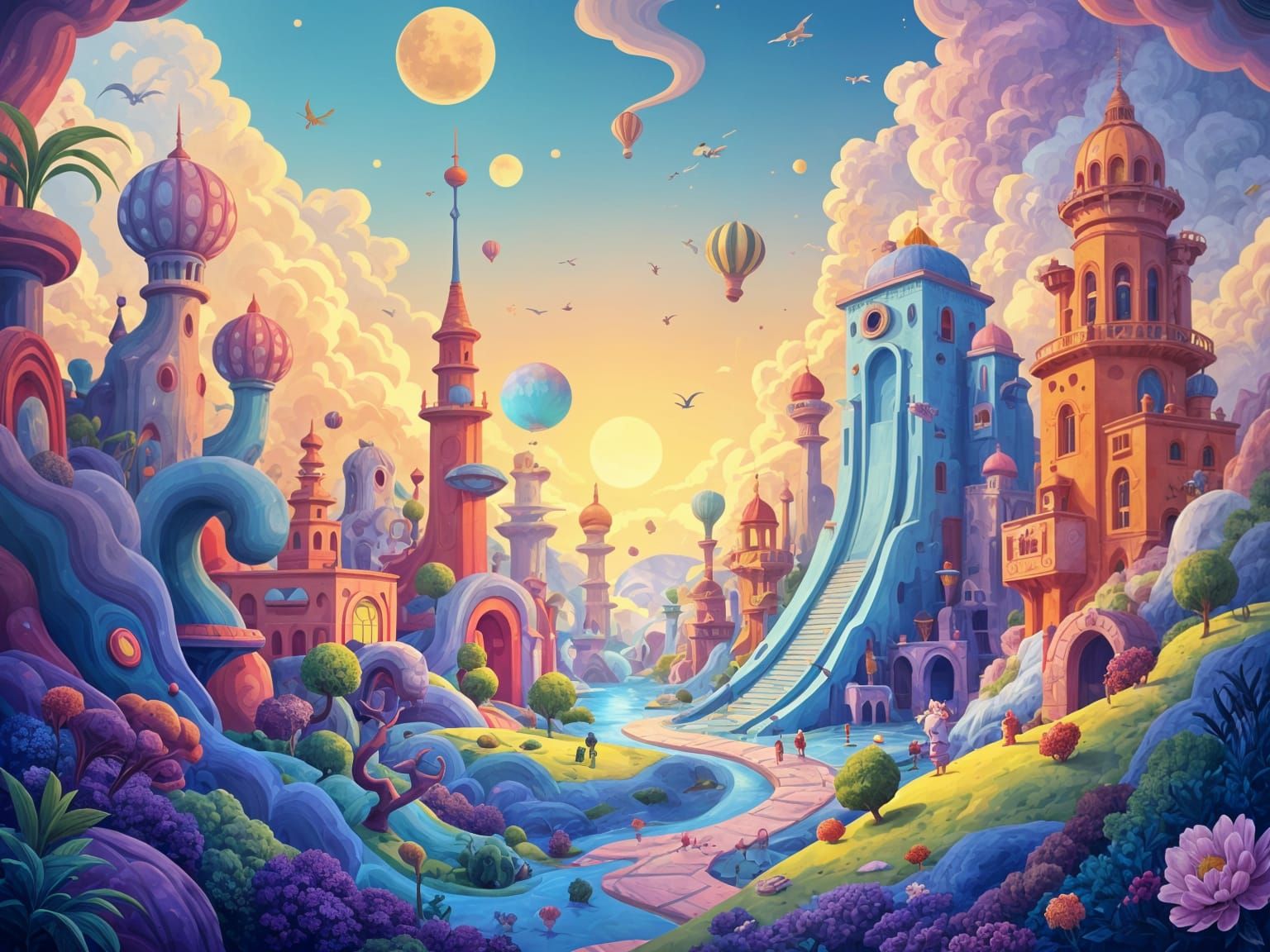 Surreal Whimsical Landscape with Impossible Architecture