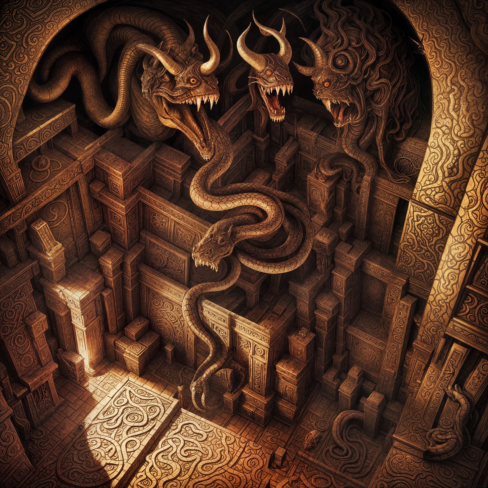 Snake Minotaur Devouring Warrior in Dimly Lit Temple