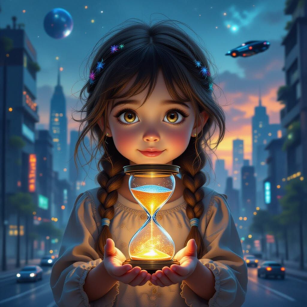 Little Girl Time Traveling in Surreal Celestial Cityscape