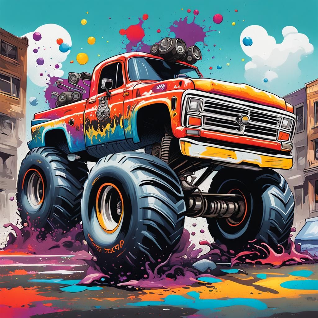 Monster Truck Crushing Car in Graffiti Art Style