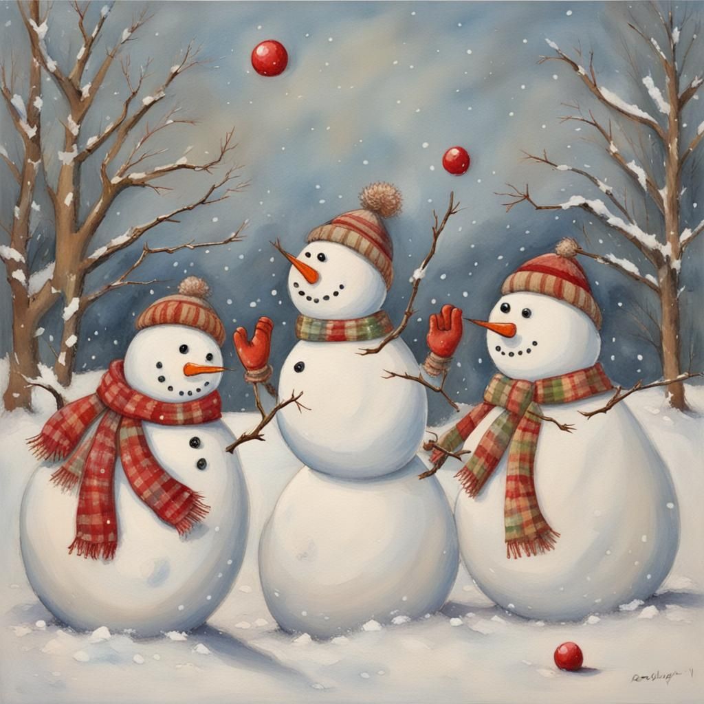Snowmen Throwing Snowballs in Folk Art Style