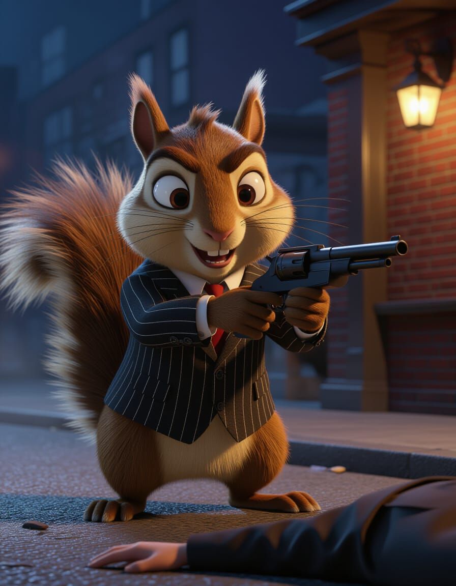 Gangster Squirrel With Tommy Gun in Cinematic Style