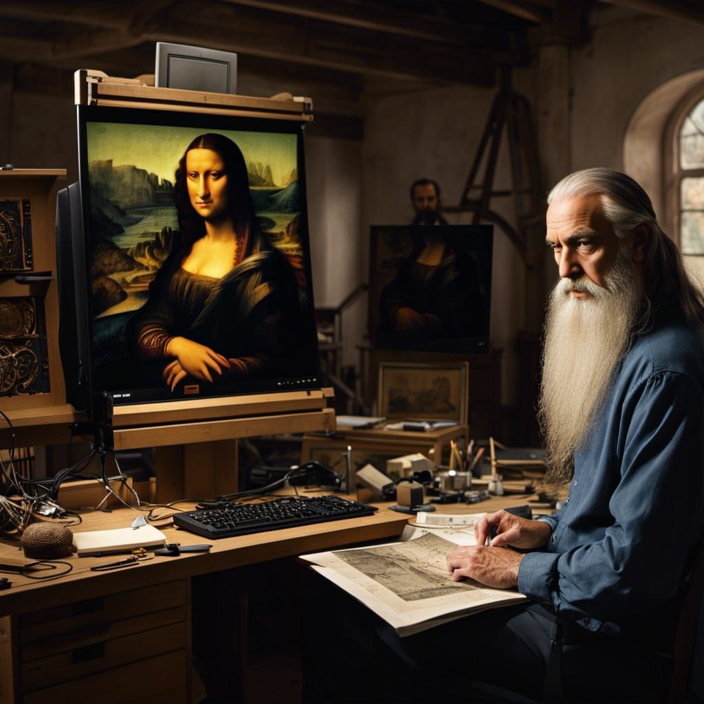 Da Vinci Designs Mona Lisa on Computer, Detailed Matte Paint...