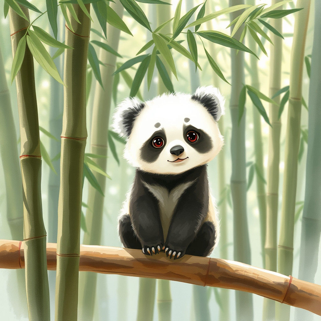 Baby Panda on Bamboo in Watercolor Style