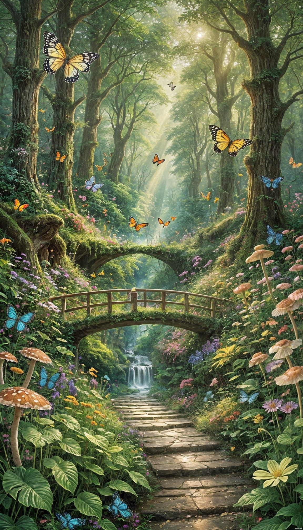 Magical Green Forest with Flowers and Butterflies