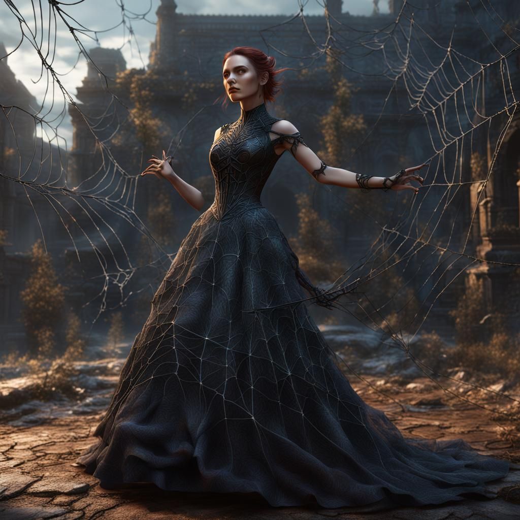 Fantasy Witch in Black Cobweb Dress