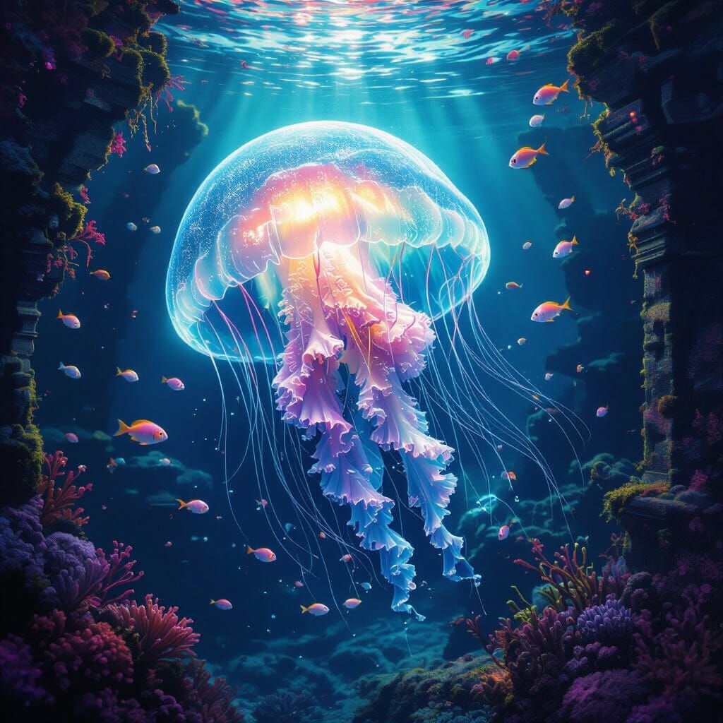 Bioluminescent Jellyfish in Hyperrealistic Coral Reef
