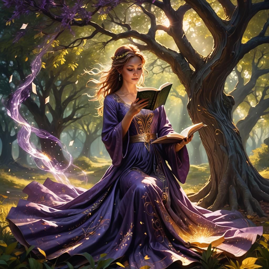 Enchanting Woman Reading a Magic Book