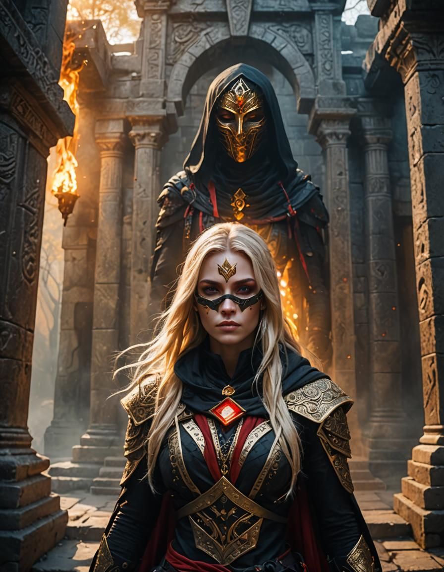 Blonde Assassin in Ancient Temple: Hyperrealistic Fantasy Ar...