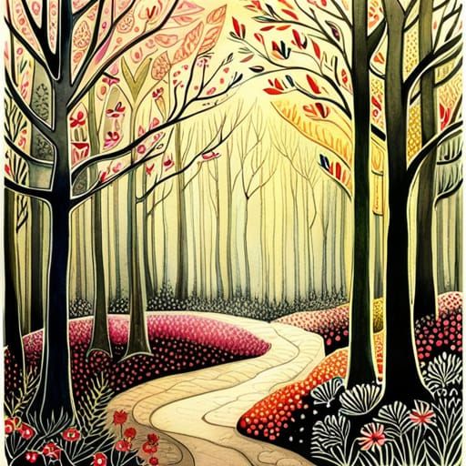 Luminous Watercolor Forest in Gold Outline