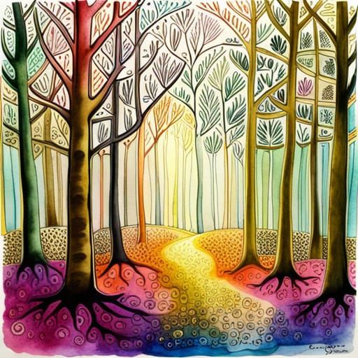Whimsical Watercolor Forest with Intricate Patterns