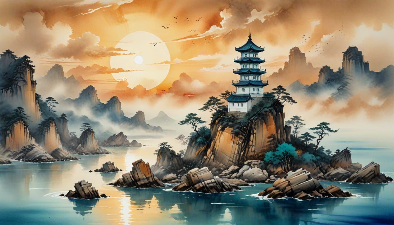 Lighthouse Sunset in Chinese Ink Painting Style