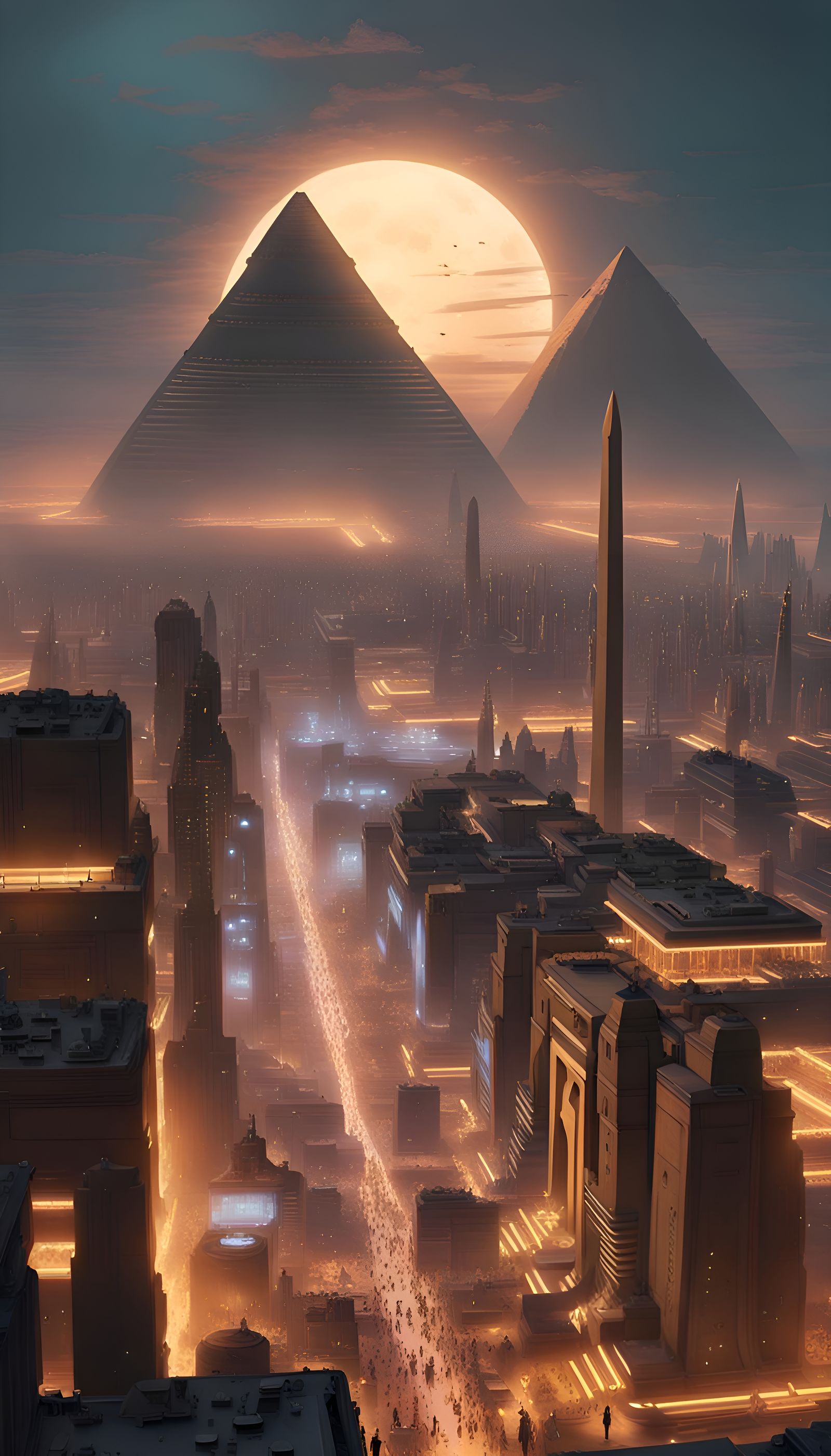 Ancient Futuristic Egyptian Cityscape Under Cyberpunk Sunset