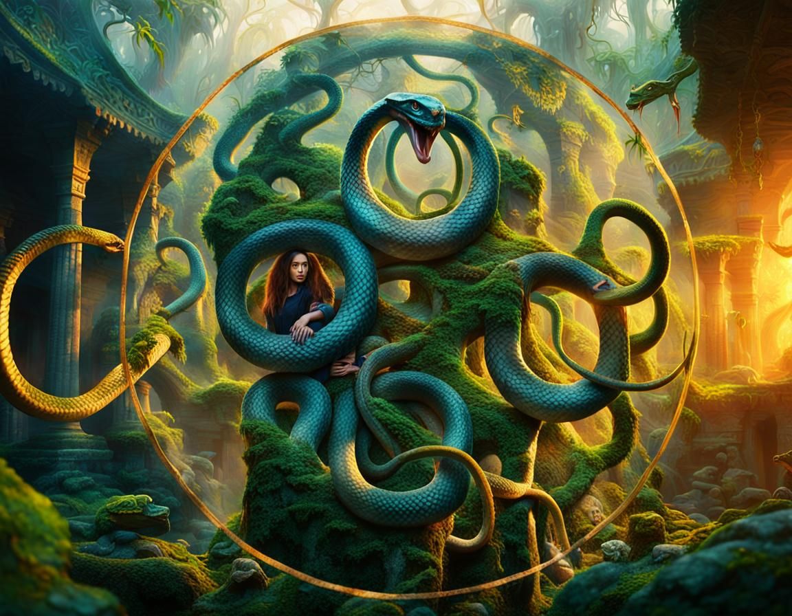 Woman with Snakes in Ancient Jungle Temple
