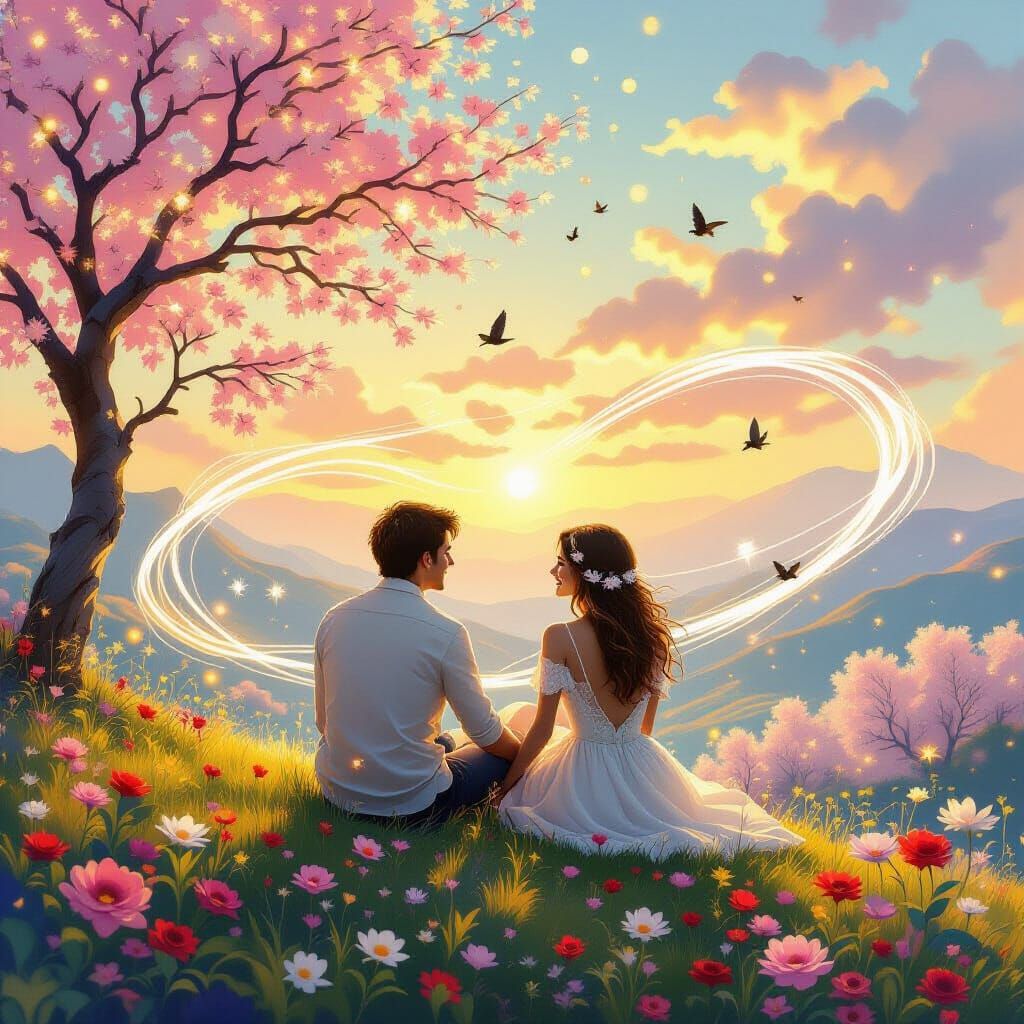 Joyful Couple in Surreal Dreamscape Oil Painting