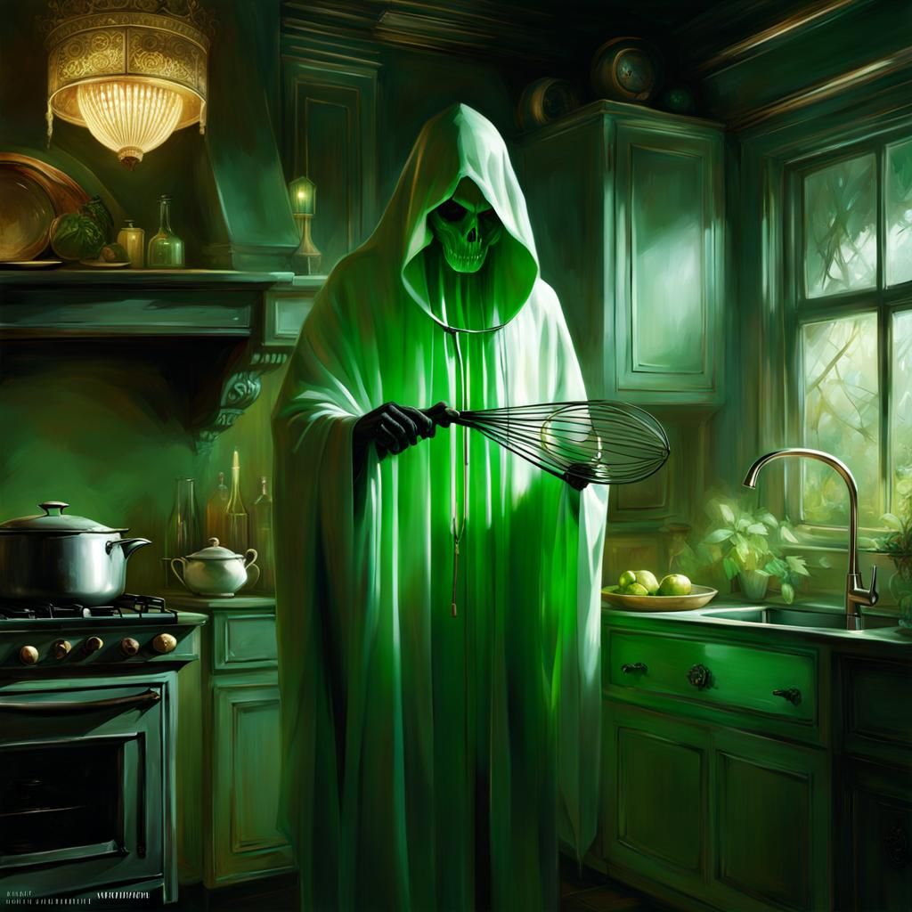 Glowing Ghost with Whisk in Detailed 3D Art