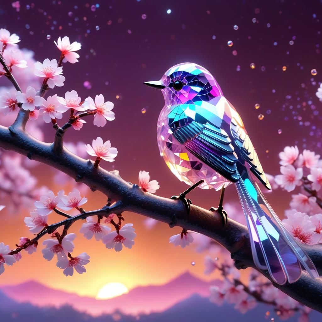 Transparent Fractal Bird on Sakura Tree