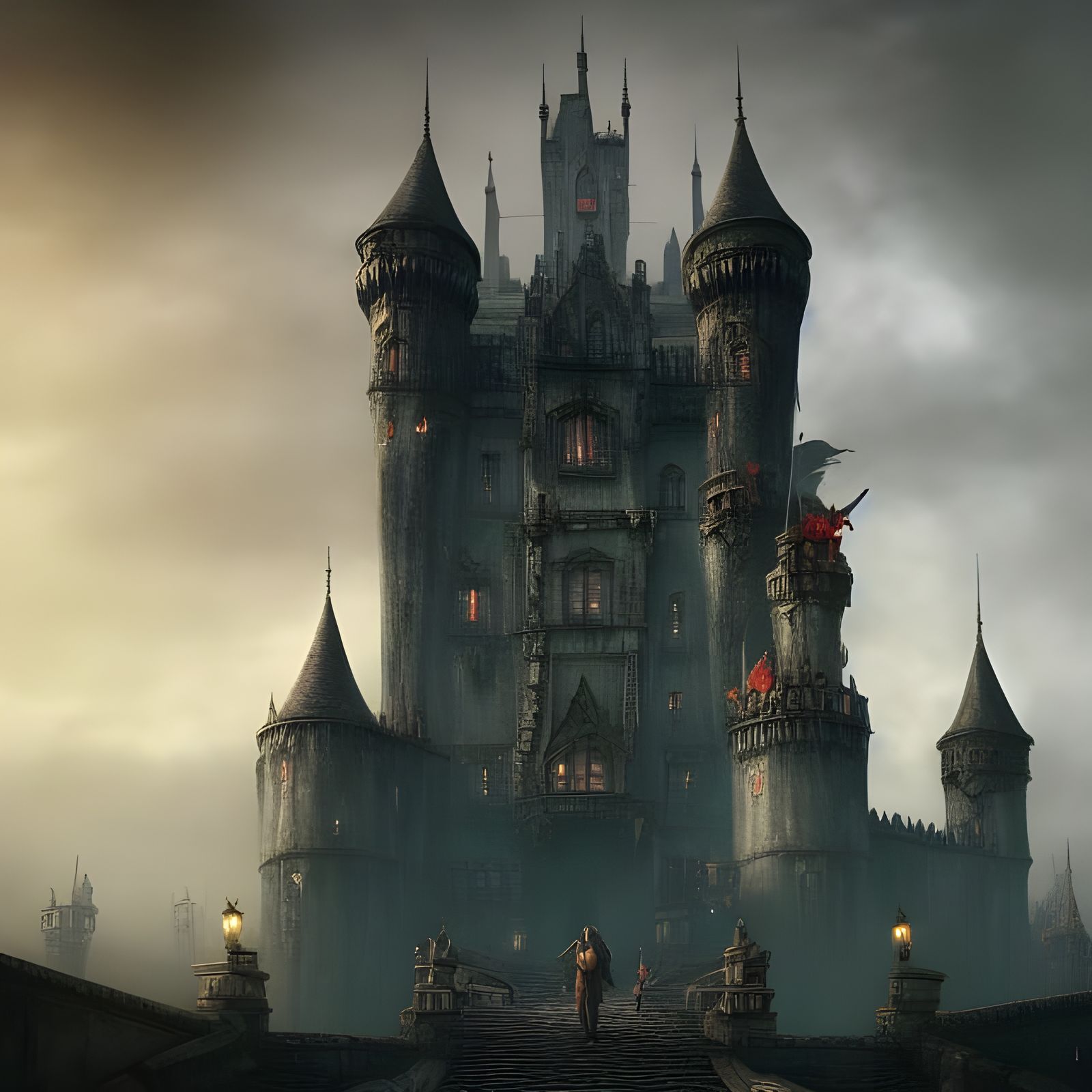 Gothic Castle with Drawbridge in Fantasy Art Style