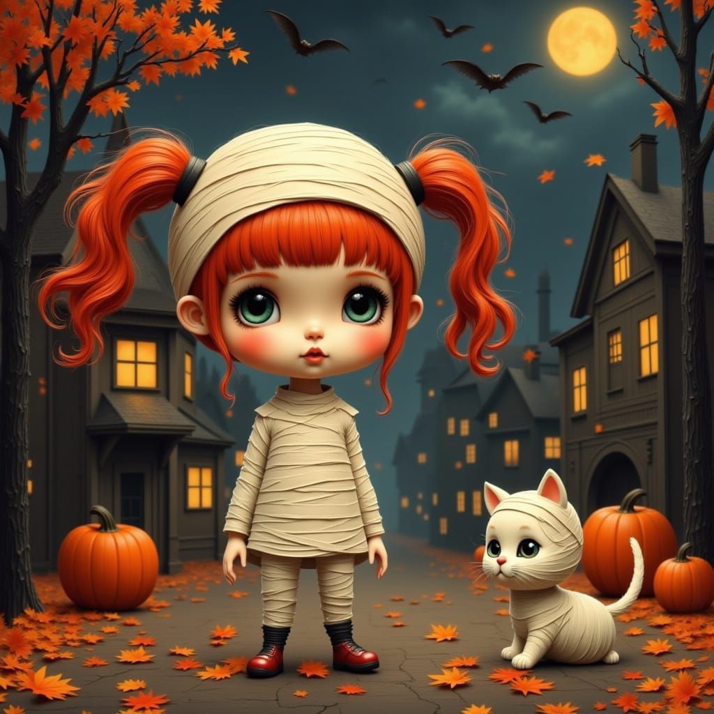 Cute Mummy Girl Trick-or-Treating with Cat