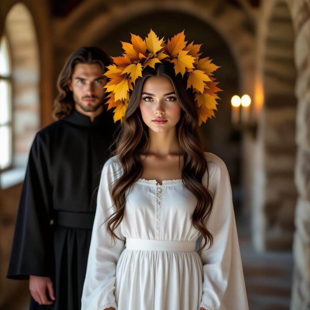 Girl and Monk in Candlelit Cell, Hyperrealistic Style