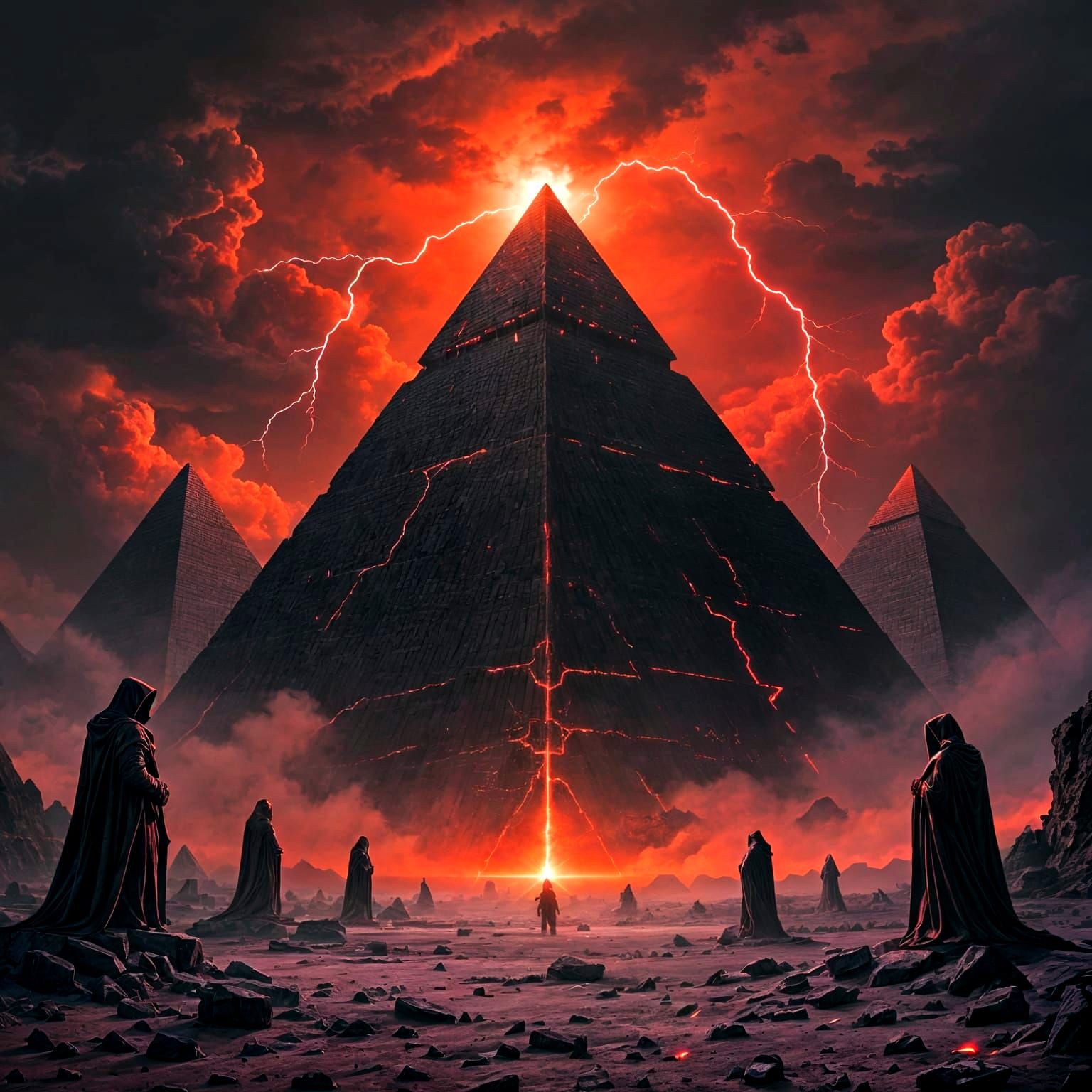 Sinister Pyramids Hovering Over Desolate Landscape