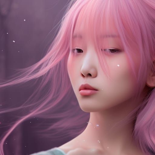 Korean Girl with Pink Hair: Detailed Matte Painting