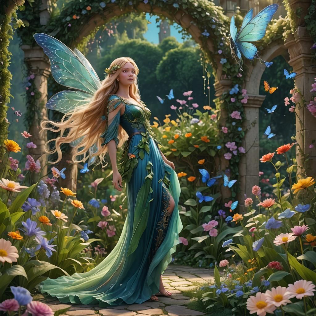 Blonde Fairy in Flower Garden, Fantasy Art