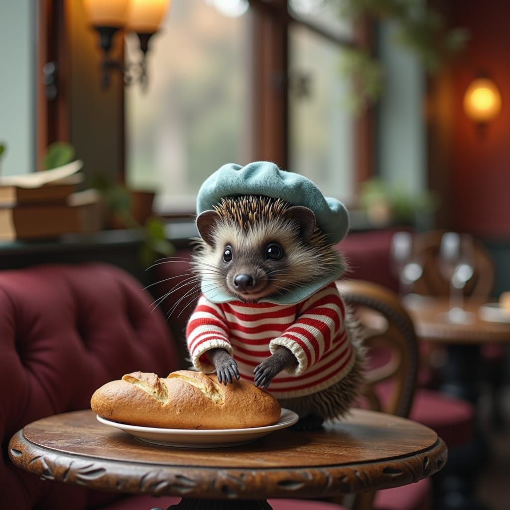 Hedgehog in French Cafe as Impressionist Oil Painting