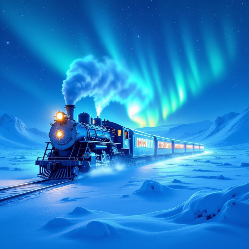 Ethereal Ice Train Under Aurora Borealis
