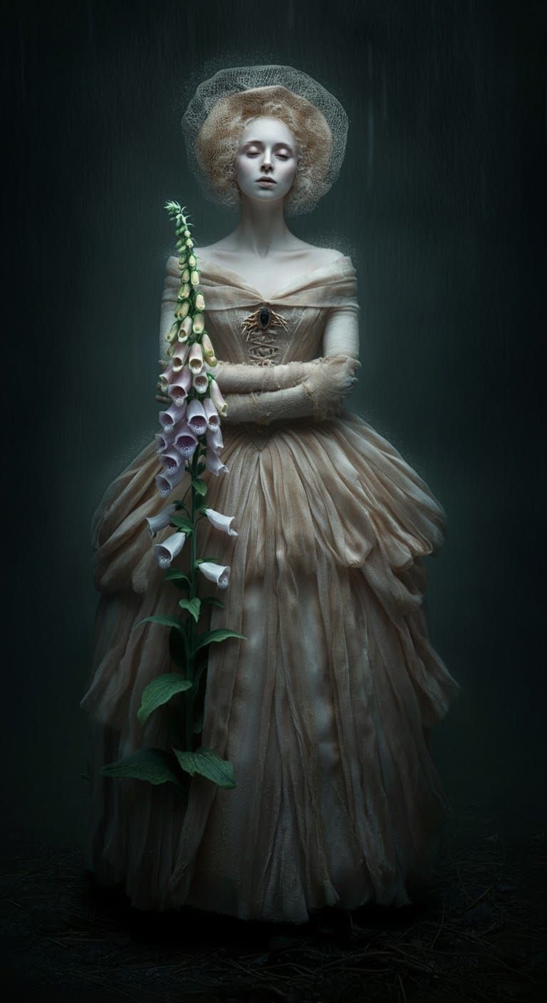 Dreamlike Figure in Ornate Fabric, Darkly Embodied