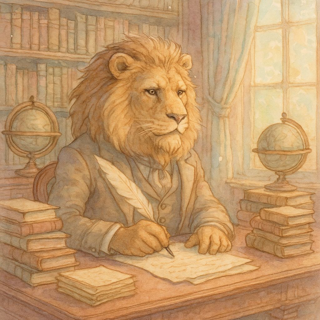 Lion in Suit in Antique Study, Watercolor Style