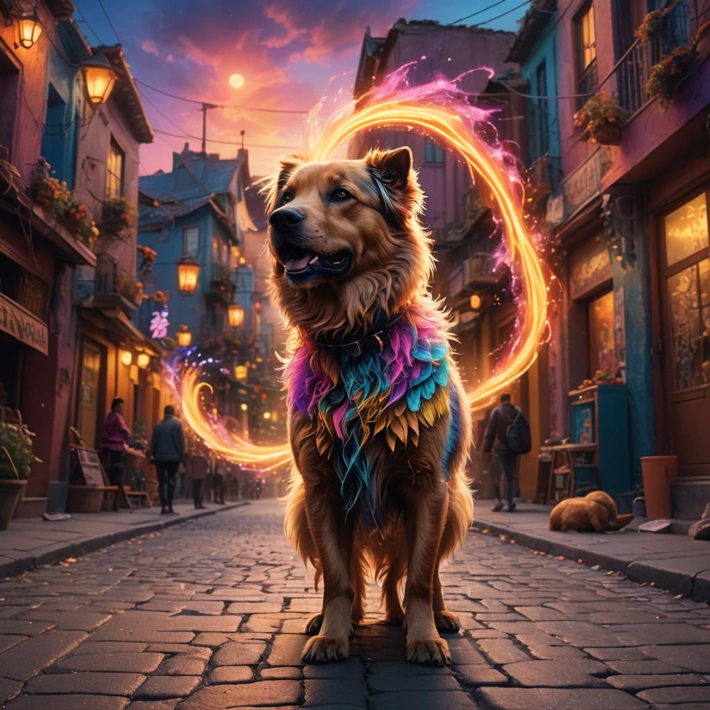 Mystical Caramelo Dog in Fantasy Street Scene