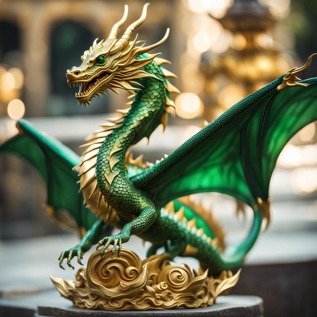 Golden Dragon Sculpture with Emerald Eyes, Professional Phot...