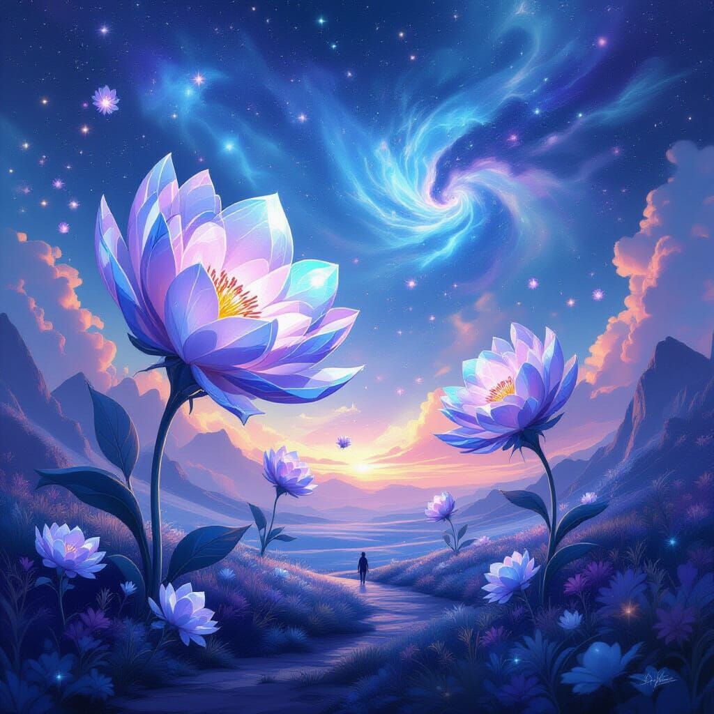 Ethereal Crystal Flowers Bloom in Cosmic Nebula