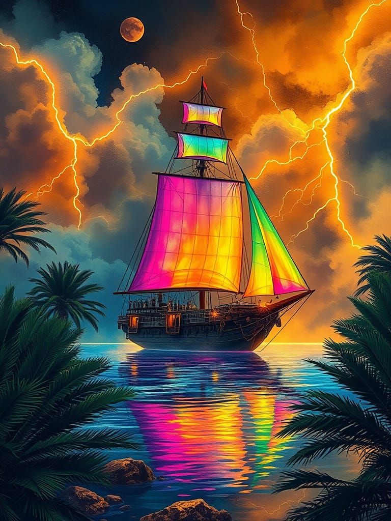 Futuristic Frigate Amidst Neon Storms