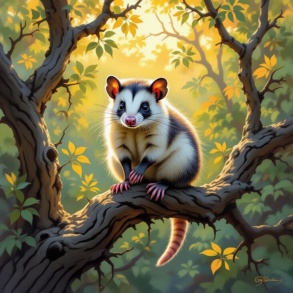 Opossum in Woodlands, Oil Painting Style