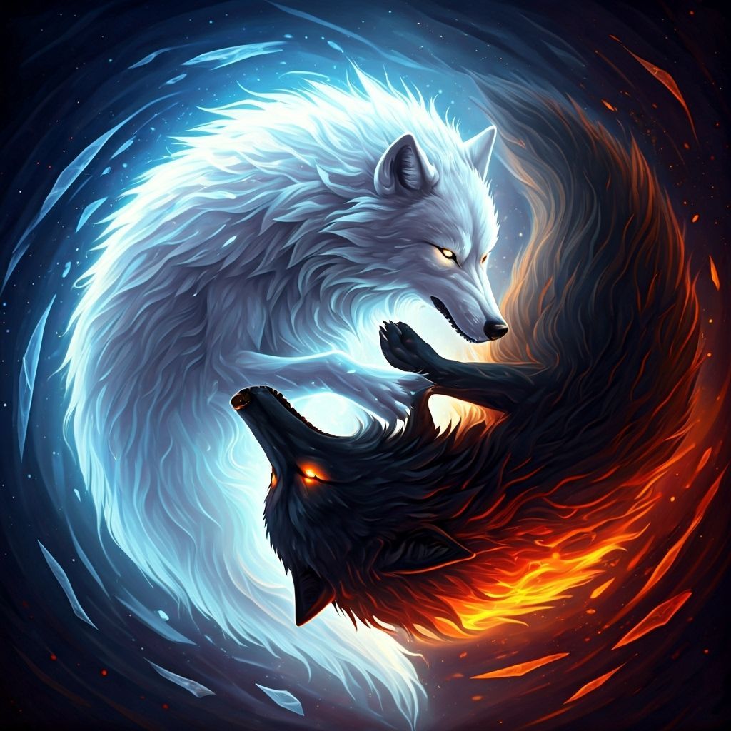 Eternal Struggle: Light Wolf vs Shadow Wolf in Cosmic Nebula