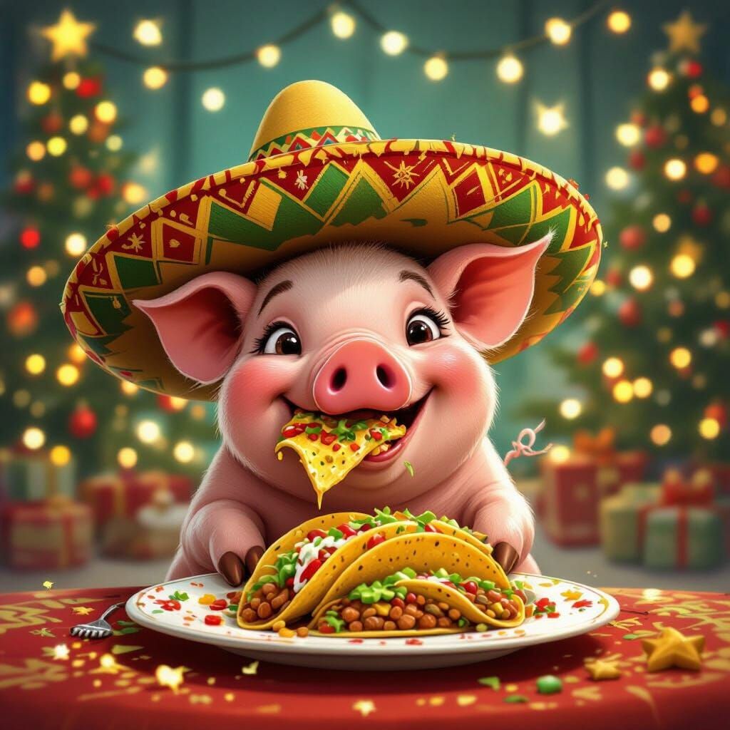 Pig in Sombrero Enjoys Tacos at Fiesta Christmas Party