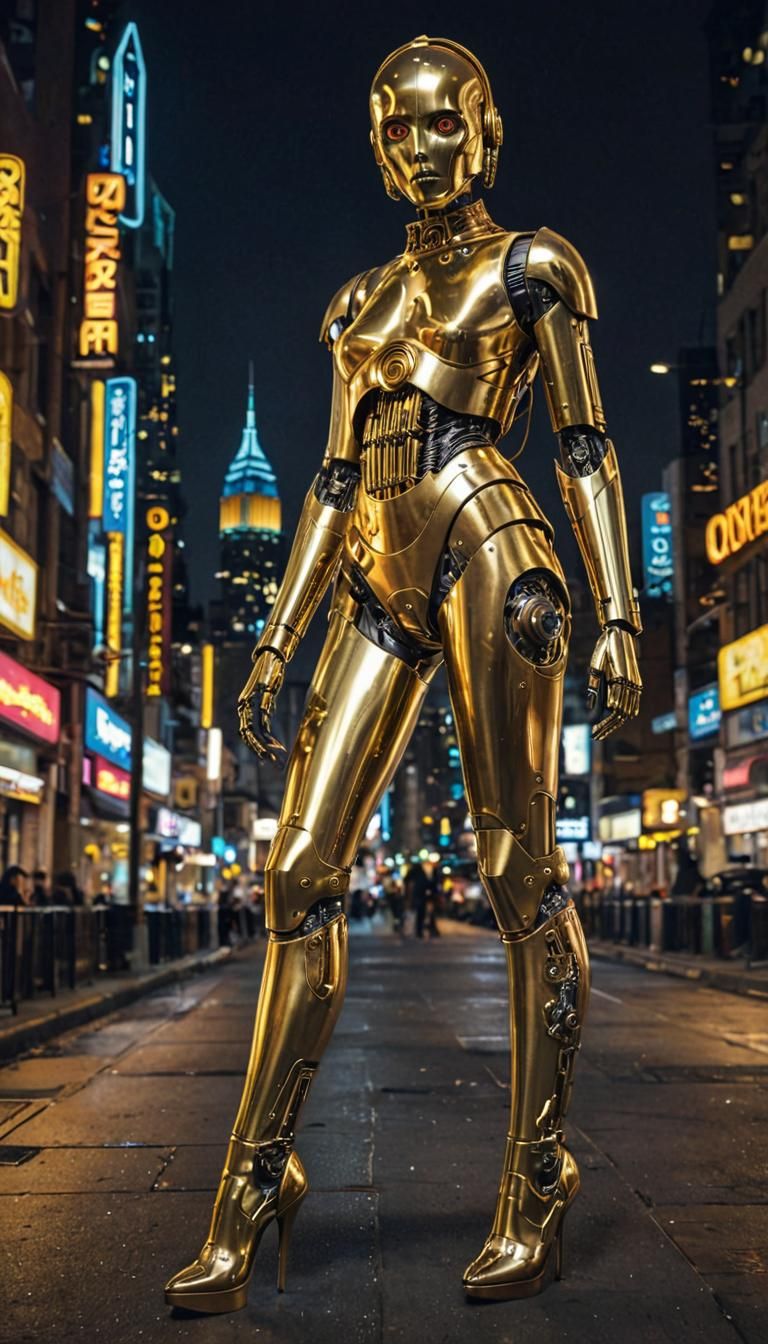 Futuristic Golden Robot in Cyberpunk Cityscape