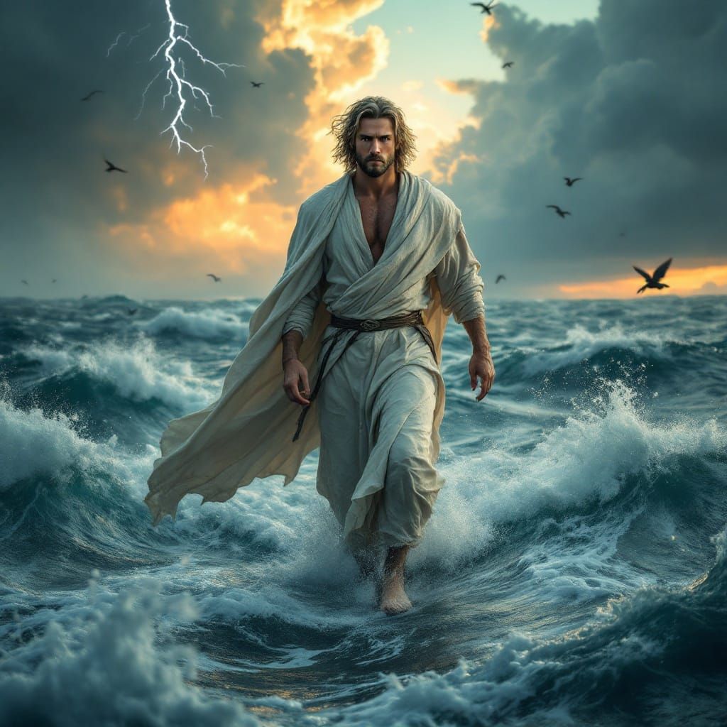 Man Walks on Stormy Ocean at Sunrise