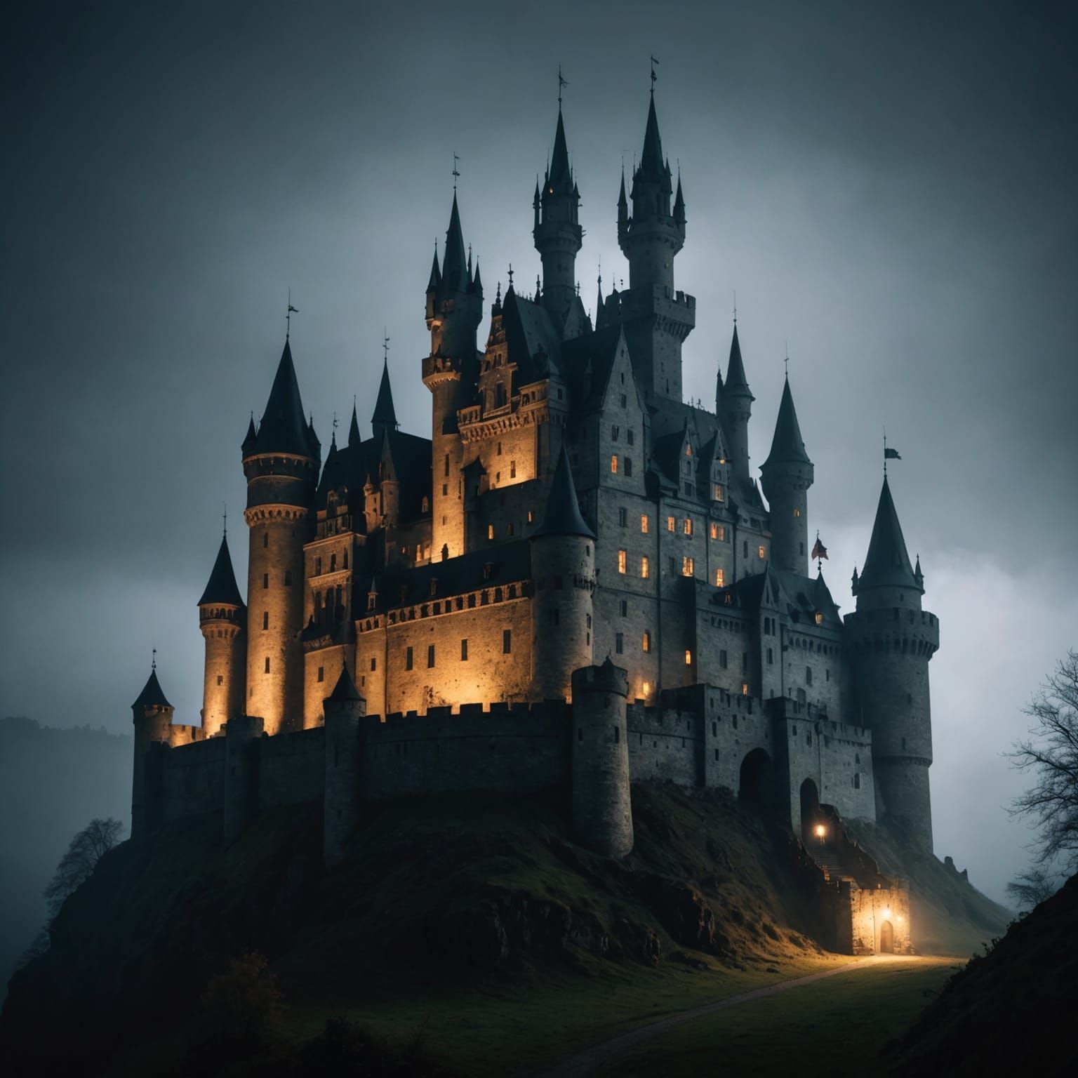 Illuminated Castle in Fog, Dark Academia Photography