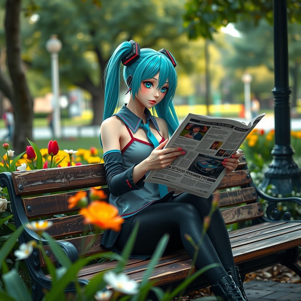 Vibrant Park Scene with Hyper-Realistic Hatsune Miku